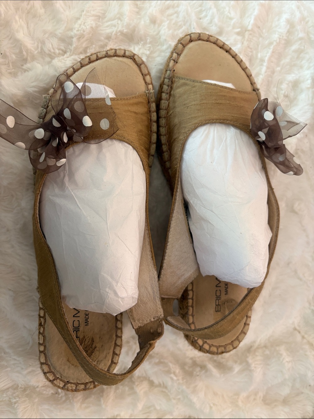 Eric Michael Tan Espadrille Slingback Sandals with Polka-Dot Bow